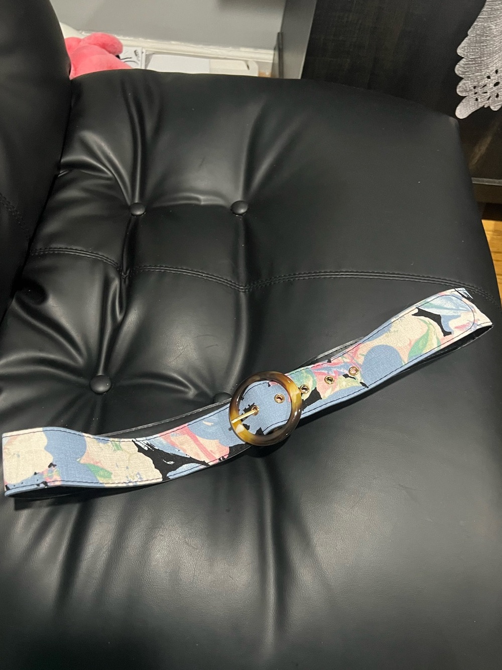 Women's Floral Print Round Buckle Belt - Black/Pastel